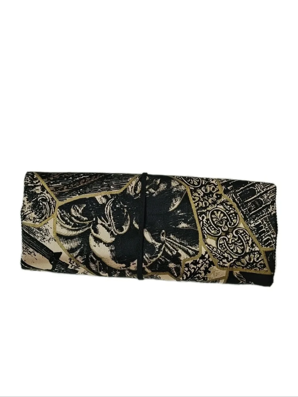 Vintage Jewelry Roll Organizer Travel Bag Packable Vacation Black Gold Brocade